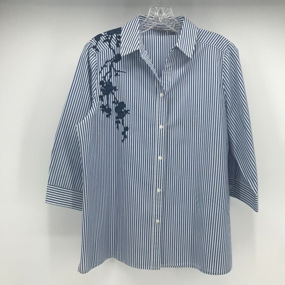 Chicos Shirt Womens Medium Blue White Stripe Button Down Floral Embroidery - Picture 1 of 10